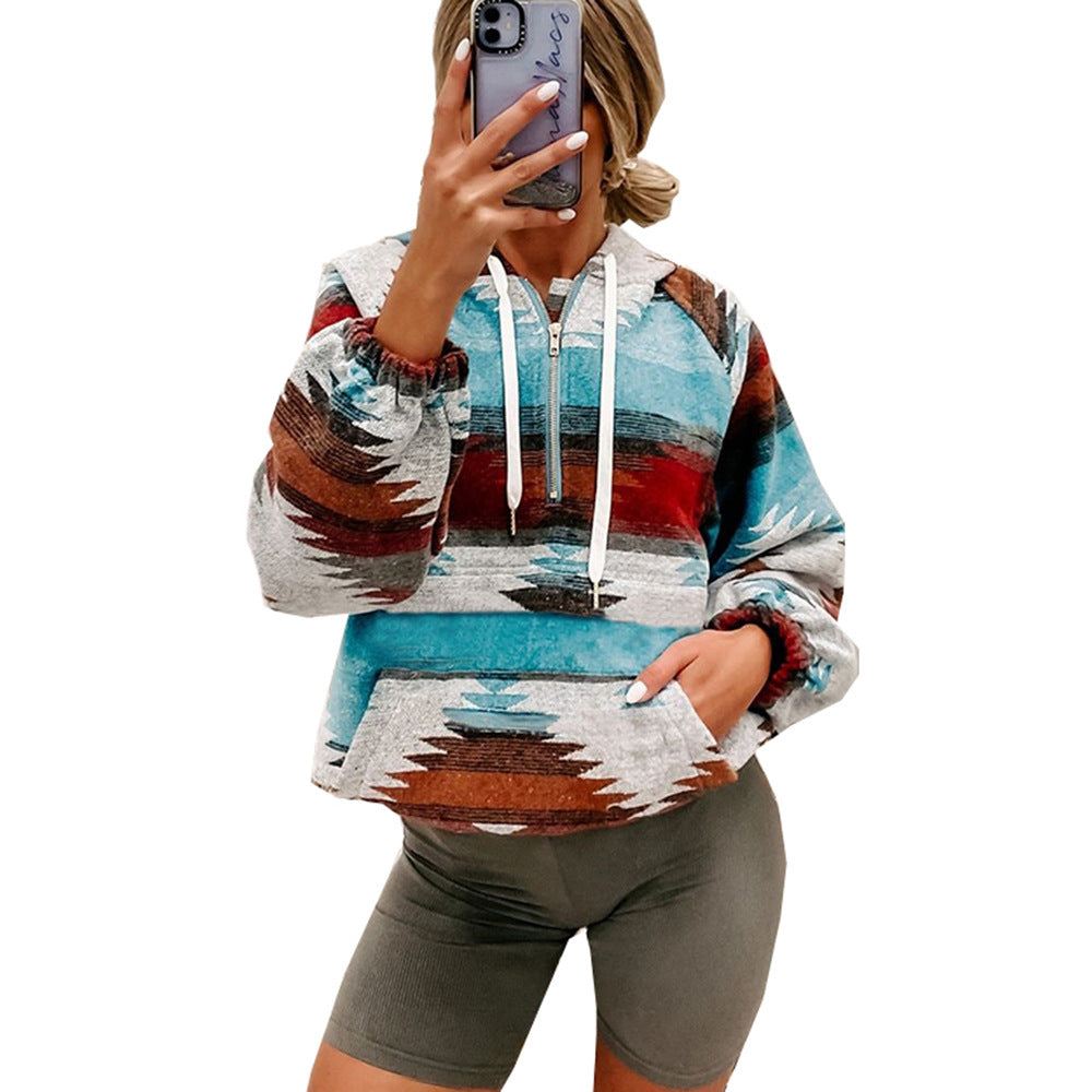 Aztec Print Zipper Up Hoodie Top Hooded Hoodies Sweatshirts