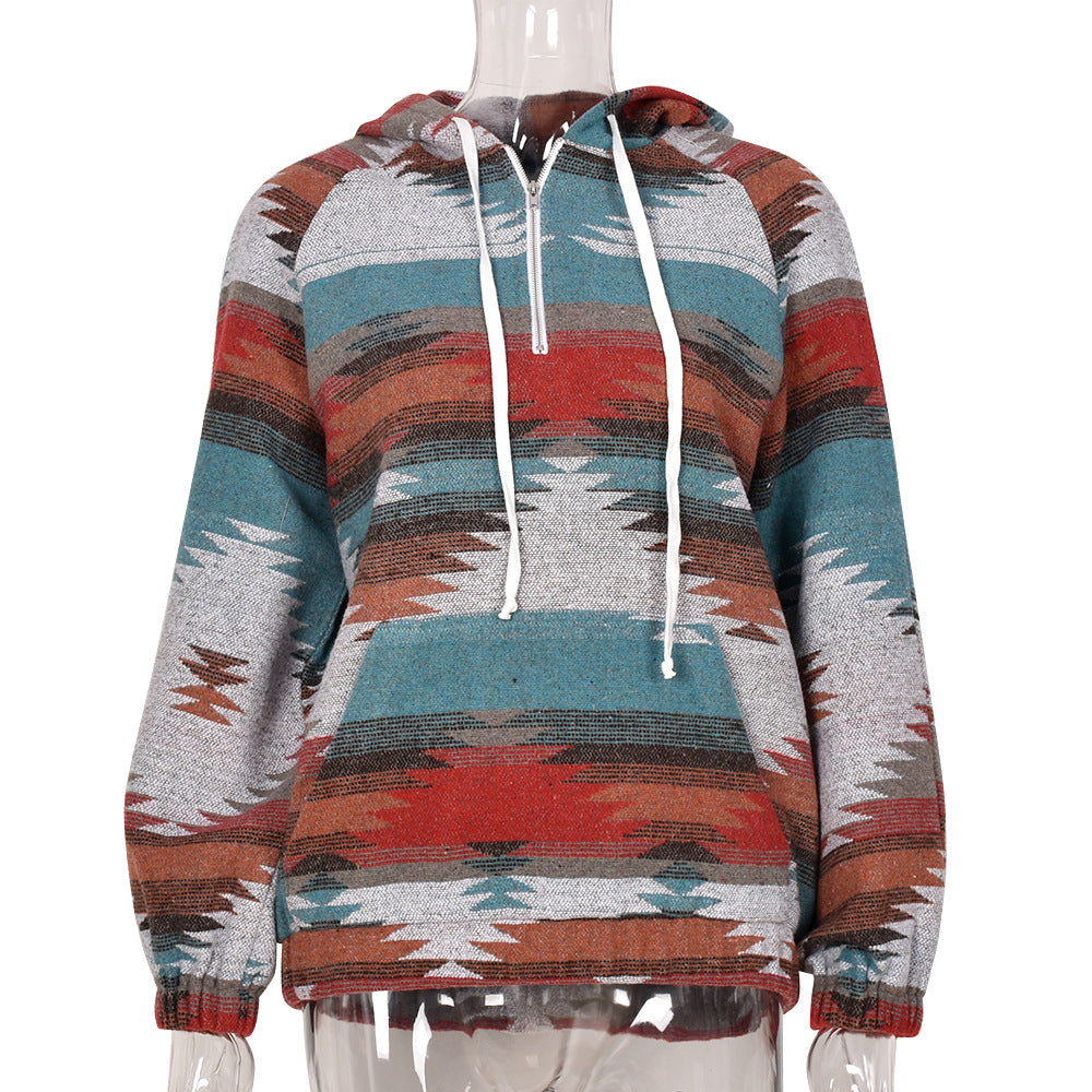 Aztec Print Zipper Up Hoodie Top Hooded Hoodies Sweatshirts